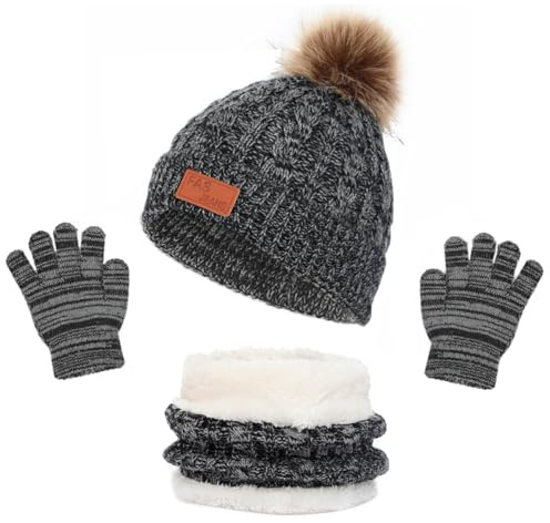 LINSOCLE 3 en 1 Bonnet Enfant Pour Fille Garcon, Ensemble Bonnet Echarpe Enfant, Tour de Cou avec Doublure, Hiver Accessoires Ensemble Set Pour 2 à 6 ans