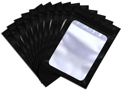 XFXIA 100 sacchetti in Mylar neri, richiudibili, a prova di odore, con finestra trasparente, 16 x 24 cm, sacchetti in alluminio per caramelle, cibo, lucidalabbra, piatti, carini, (nero)
