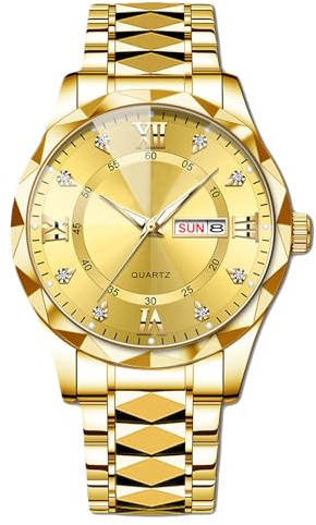 RORIOS Relojes Elegante Cuarzo para Hombre Reloj Clásico Cuarzo Reloj de Pulsera Diamante Impermeable Reloj Multifuncional Negocios Oro B