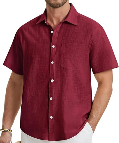 HISDERN Herr kortärmade linnetröjor ledig button-down vanlig skjorta med ficka för sommar strand normal passform