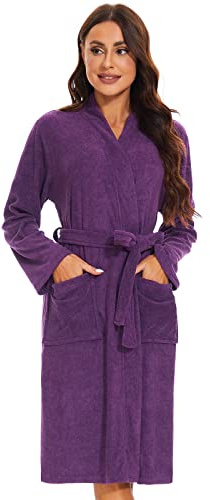 Ymmchy Women Bathrobes Lightweight Dressing Gown Terry Towelling Bath Robe Shawl Collar Robes Purple L