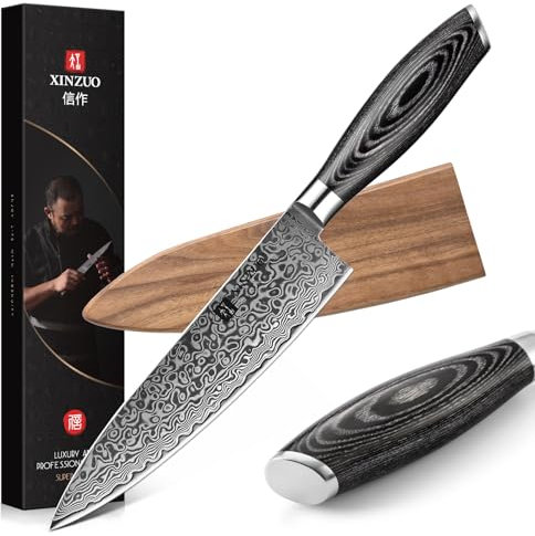 XINZUO Coltello da Chef 20.1cm,67 Strati di Acciaio Damasco Coltello da Cucina Affettare, Professionale Coltello per Verdure- Manico in Legno di Pakka- con Guaina Magnetica in Legno di Noce
