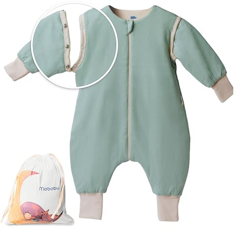 Mababu Året runt babysovsäck med fötter och avtagbara ärmar – 100 % GOTS ekologisk bomull – året runt barnsovsäck med fötter – vikbara manschetter, Havsgrön, 90 cm