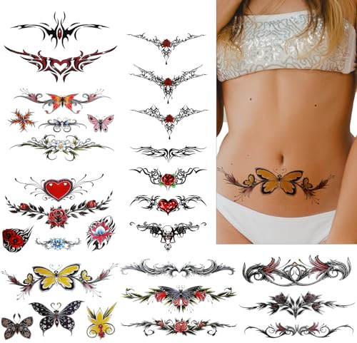 8 Sheets Bell Temporary Tattoos for Women Sexy Temporary Tattoos Stickers Large Size Waterproof Butterfly Tattoos Temporary Waist Cover Scar Realistic Temporary Tattoos for Women Girls