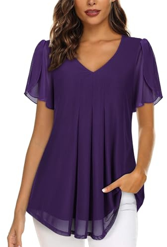 ACDAY Womens Tunic Tops to Wear with Leggings Plus Size Blouses for Women UK Business Casual Summer Pleated Front Dressy Long Shirts Short Sleeve Ladies Night Out Office Work Tops Deep Purple