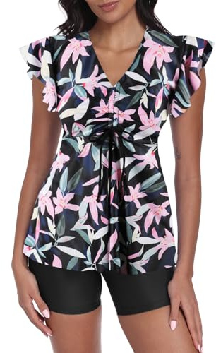 Ecupper Maillot de Bain Femme 2 Pieces Push Up Tankini Set Taille Haute Shorty Col en V Maillot de Bain à Volants Fleur Rose XXL