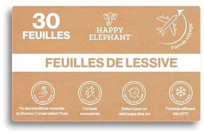 Feuilles Lessive Ecologique Ultra-Concentrée - Feuille Lessive Sans Plastique et Sans Parfum - Machine à Laver & Main - Format Compact Idéal en Voyage - Happy Elephant (1)