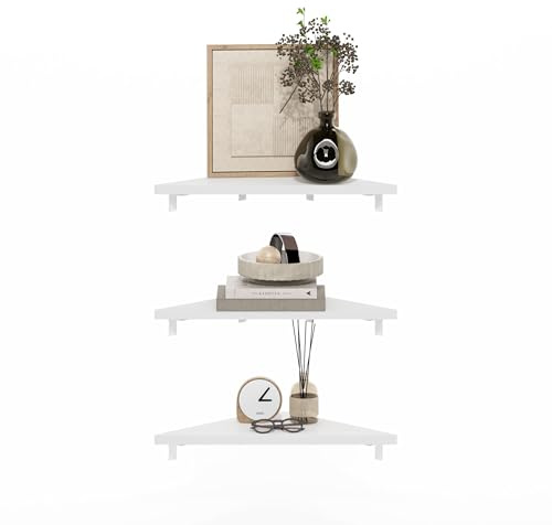Furinno Rossi Juego De 3 Estantes Flotantes Triangulares para Pared con Diseño Geométrico De Esquina, para Baño, Oficina Y Sala De Estar, Color Blanco