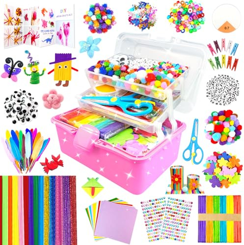 3000 Arts and Crafts Supplies for Kids Craft Kit Craft Box with Pipe Cleaners Arts and Crafts for Kids Age 4-6, 6-8, 8-12 DIY School Supplies Materials Set Toys Gifts for Girls Boys Toddlers, Red