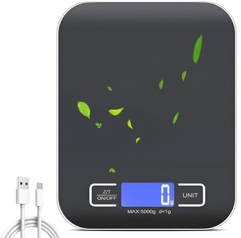 Báscula de cocina digital, 10 kg/1 g, báscula de cocina, recargable por USB, báscula digital de cocina con pantalla LCD y función de tara, báscula de cocina profesional con cable de carga de batería