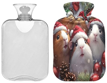 JUMBEAR Süße Meerschweinchen mit Weihnachtsmützen Wärmflaschen mit weichem Bezug, Schmerzlinderung, Wärmbeutel, 2 l, für Handfüße, warme Wassersäcke, bequem schlafen