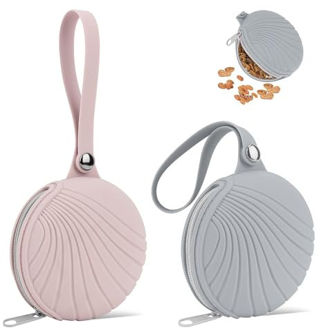 Lot de 2 Sac Friandise pour Chien & Chats Sac en Silicone à Friandises pour Chien Dressage avec Fermeture Éclair Pochette Friandise Chien Portable pour Entraînement Promenade Voyages(Rose&Gris)