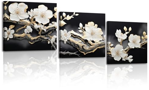 Piy Painting Grande Lienzo De Arte Mural, Cuadro En Lienzo Flor Blanca, Impresión En Lienzo En Blanco y Negro, Cuadro Decorativo Para Dormitorio Salón Entrada Cocina, 3 Piezas 58x58cm (174x58cm)