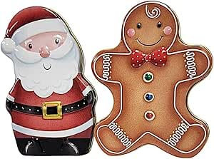 Santa & Gingerbread Shaped Tin Boxes Christmas Treats Set of 2 with Milk Chocolate Coins & Biscuits Festive Decor & Holiday Snacks Reusable Decorative Keepsake