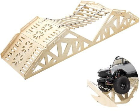 GOUPRC - Puente de madera para carreras de obstáculos de 4 piezas de cuerda de hierro para coche RC Crawler 1/18 1/24, rampas de simulación de camiones RC de pendiente empinada, bloque de carretera