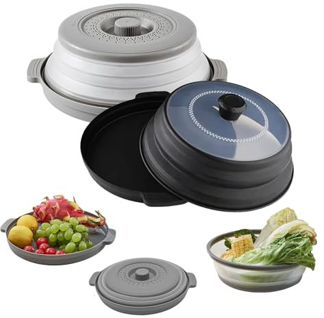 Liuer Mikrowellen Aabdeckung,2 Stück Faltbare Mikrowellen Abdeckung mit Sockel,Microwellenabdeckungen 26cm Spritzschutz Mikrowelle für Nudeln, Obst, Gemüse(Schwarz+Grau)