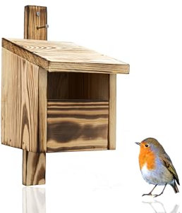 WOODYGIFT Wetterfester Nistkasten Halbhöhle für Rotkehlchen & Amseln – Vogelhaus zum Aufhängen aus natürlichem Holz zum Aufhängen – Vogelnistkasten für draußen 11x5 cm Einflugloch (Verbrannt)