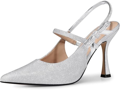 CELLENZ Women Kitten Heel Pumps: Pointed Toe Slingback High Heels - Silver Glitter Sparkly Bow Sexy Pump - Prom Shoes Night Party Size 6