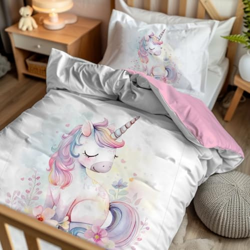 Pictogogo Parure per lettino da 2 pezzi, copripiumino 80 x 120 + federa 40 x 60 – motivo unicorno acquerello/retro in cotone rosa – microfibra e cotone Oeko-TEX – cerniera – letto a sbarre