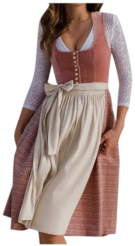 Dirndl longue pour femme - Robe traditionnelle élégante avec tablier Dirndl 2 pièces - Costume bavarois moderne - Robe traditionnelle raffinée avec boutonnière pour tenue de fête de la bière