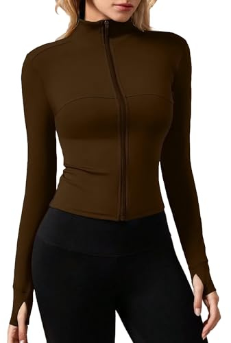 JTSONN Veste de Sport Femmes Ajustée Course Manches Longues Légère Respirante Veste de Gym Avec Passe-pouce Fermetures éclair Vestes Haut Yoga Course Fitness