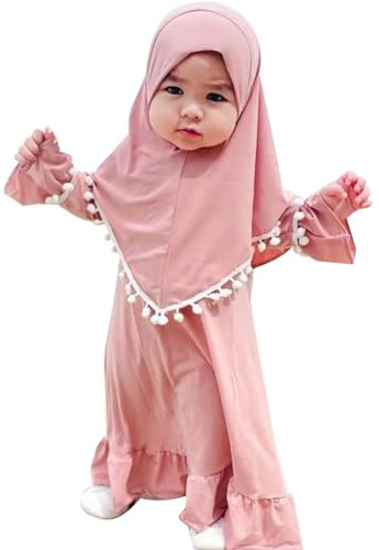 Generisch Tuta da ginnastica per bambini e bambine, da jogging, set di tuta sportiva per ragazze, abito musulmano con hijab per neonati, abito da preghiera musulmano, a maniche lunghe, Colore: rosa