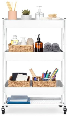 cecaro group Carrello da Cucina Pieghevole 3 Ripiani in Ferro Bianco – 97x46x7 cm