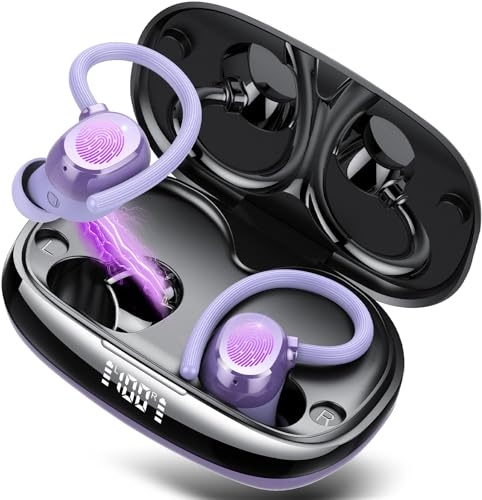 Auriculares Deportivos, Auriculares Inalambricos Bluetooth 5.4 Deportivos HiFi Estéreo con Gancho, 80H Cascos Inalambricos con Pantalla LED, Llamada ENC HD, IP7 Impermeable, Ajuste Cómodo, Violeta