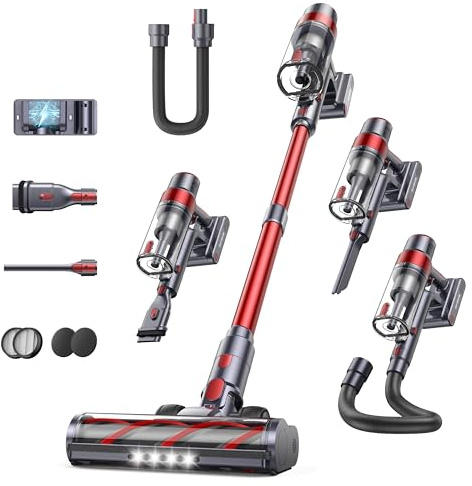 SunSare Akku Staubsauger Kabellos 50KPa/600W/65Min, Akkustaubsauger mit Automatikmodus, Wandmontierte Ladestation, Touchscreen, 1M Schlauch für Hartböden Teppiche Tierhaare Auto