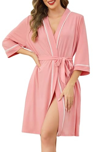 Vlazom Peignoir Femme Court Blanc Robe de Chambre à Bordures Contrastées Légère avec Ceinture
