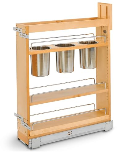 Rev-A-Shelf 6 Wood Utensil Pullout Base Cabinet Organizer with Soft-Close Slide System - Sliding Pantry Storage with Spice Rack Shelves for Home Kitchen Organization, 448UT-BCSC-5C