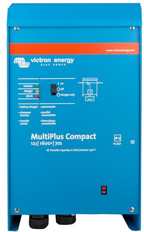 Victron Energy MultiPlus Reiner Sinus Wechselrichter 70 Amp Batterie Ladegerät, Spannungswandler, Transferschalter Inverter Kompakt, 1600VA 12-Volt 230V