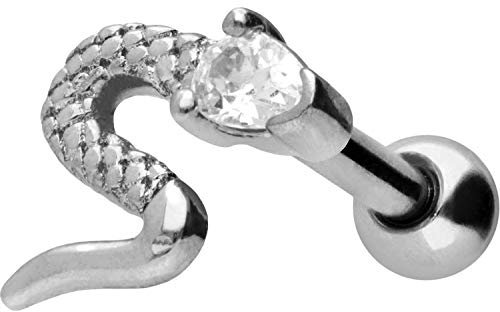 PIERCINGLINE Chirurgenstahl Ohrpiercing Schlange + Kristall Ohr Stecker Piercing Schmuck Silberfarben