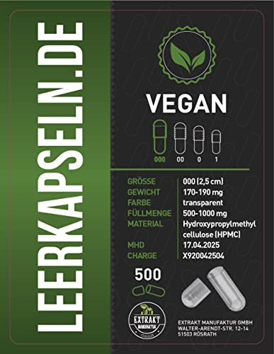 500 stycken HPMC tomma kapslar | storlek 000 | Kapslarna är sammanfogade | kepsar med storlek. Fyllningskvantitet | transparent vegansk | för fyllning för naturliga tillbehör (antal, 500)