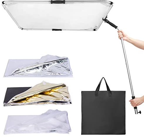 Fomito Portable Hand-held Scrim Flag 39x39 inch / 100x100cm Light Reflector Panel Kit with Assemblable Frame, Diffusion Gold & Black, Silver & White