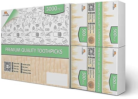3000 Pcs Bamboo Toothpicks - Double Pointed Wooden Picks - for Personal Hygiene, Appetizer Skewers, Cocktail Sticks, Toothpick or Arts & Crafts - by Mobi Lock