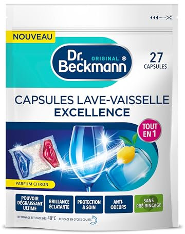 Dr. Beckmann - Capsules Lave-Vaisselle EXCELLENCE Tout en 1 - Pastilles lave-vaisselle Qui Nettoient & Protègent - Pouvoir Dégraissant, Brillance Éclatante et Anti-odeurs - Parfum Citron