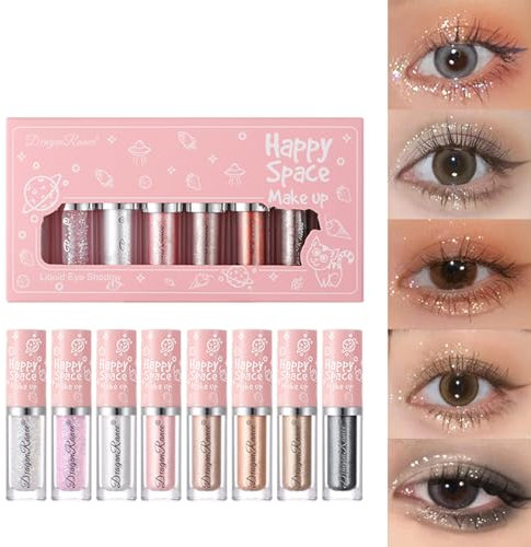 8 Farben Liquid Glitter Eyeshadow Eyeliner Set, Metallischer Schimmer Lidschatten, Funkelnder Glitzer, Wasserdicht und Langlebig Schnell Trocknend