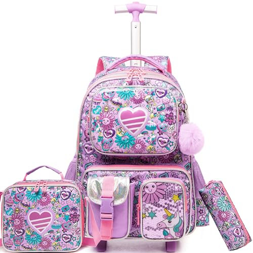 HTgroce Schulranzen Trolley Mädchen Kinder Schulranzen Mit Rollen Schulrucksack Reisetasche mit Rollen