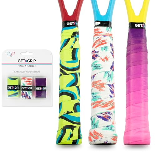 Get A Grip - Custom Tennis Racket Grip Tape - Anti-Slip/Quick-Drying Tennis Overgrips - Precut Badminton Racket Grip with Finishing Tape (Real Deal Pack, 3 Grips)