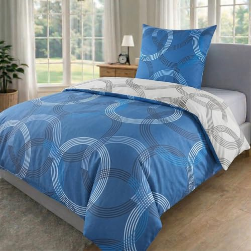 MALIKA Bettwäsche 155x220 Baumwolle, 2-teiliges Set, Kreismuster, Wende Bettbezug 155 x 220 cm, Kissenbezug 80x80 cm, Renforcé, atmungsaktiv, maschinenwaschbar, Blau