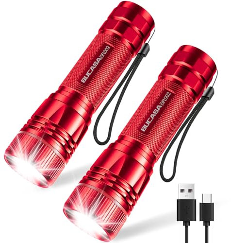 BUCASA 2 Stück Mini Taschenlampe LED Aufladbar, 2000 Lumen Extrem Hell LED Taschenlampe mit 3 Modi, Langer Laufzeit Taschenlampe Kinder, Wasserdicht Zoombar Flashlight für Camping Outdoor Notfäll Rot