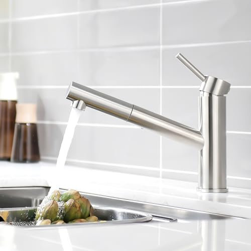 AIMADI Robinet de Cuisine avec Douchette Extractible et Rotation 120°, Mitigeur à Levier Unique Nickel Brossé pour Évier