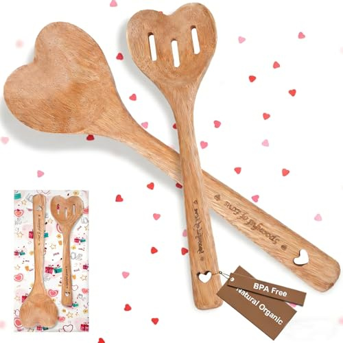 Love Spoons - 2 Piece Hearts Shaped Wooden Spoon Cooking Utensils,Premium Wooden Kitchen Utensils,Birthday Gifts for Women Mom Grandma,Love Hearts Gifts for Cooks Hostesses Couple