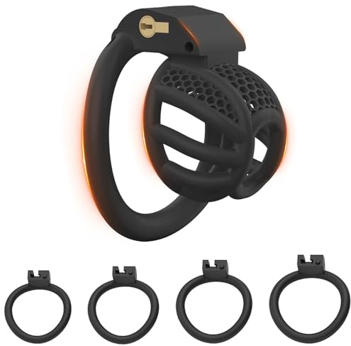BDSMYEE chastity cage pene gabbia castità per uomo, Gabbie per Pene con 4 cockrings, Gabbia di castità uomo, cock cage per Prevenire L'erezione (Nero, S)
