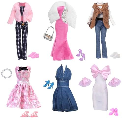 19 Ropa de muñecas, Compatible con muñecas, Vestido de Cola de pez, Juego de Chalecos de Felpa, Chaquetas de Felpa, Set de Lunares, Lazos, Vaqueros, 2 Accesorios, 7 Zapatos para muñecas de 30