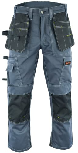 WrightFits Men Pro Builder Work Trousers Black & Grey - Heavy Duty Safety Combat Cargo Pants - Multi Pockets - Knee Pad Pockets - Triple Stitched - Durable Workwear (44W to 29W)