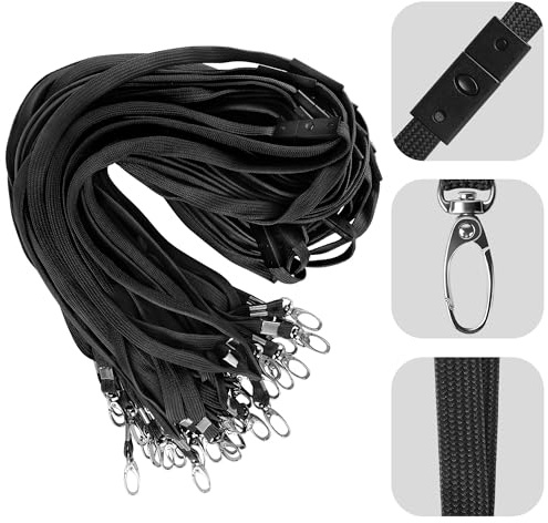 Oaioya Lot de 50 Cordons Tour de Cou Professionnels Noir 45x1 cm - Lanière Porte-Badge en Coton Tressé avec Clip Métal Rotatif 360°et Boucle à Détachement Rapide pour Carte d'Identité, Clés, Téléphone
