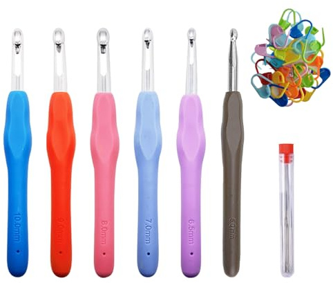 Ensemble de Crochets Ergonomiques, Crochet en Aluminium 6 mm 6,5 mm 7 mm 8 mm 9 mm 10 mm avec 20 Marqueurs de Points et 20 Aiguilles à Tricoter Idéal pour Les Débutants de Crochet Expérimentés