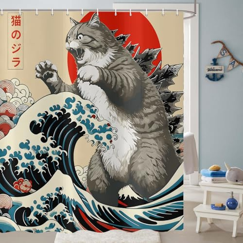 ASDCXZ Japanese Cat Shower Curtain 180x200 cm, Vintage Funny Japan Anime Cat Sun Wave Kids Animal Waterproof Bath Curtain Polyester Textile Washable Shower Curtains for Bathtub with 12 Hooks